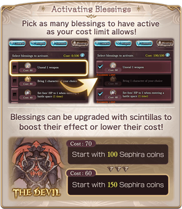Activating Blessings: Pick as many blessings to have active as your cost limit allows! Blessings can be upgraded with scintillas to boost their effect or lower their cost!
