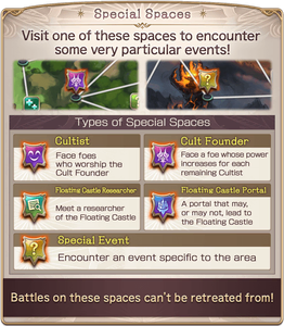 Special Spaces: Visit one of these spaces to encounter some very particular events! Types of Special Spaces: Cultist: Face foes who worship the Cult Founder. Cult Founder: Face a foe whose power increases for each remaining Cultist. Floating Castle Researcher: Meet a researcher of the Floating Castle. Floating Castle Portal: A portal that may, or may not, lead to the Floating Castle. Special Event: Encounter an event specific to the area. Battles on these spaces can't be retreated from!