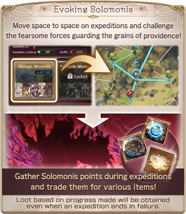 Evoking Solomonis: Move space to space on expeditions and challenge the fearsome forces guarding the grains of providence! Gather Solomonis points during expeditions and trade them for various items! Loot based on progress made will be obtained even when an expedition ends in failure.