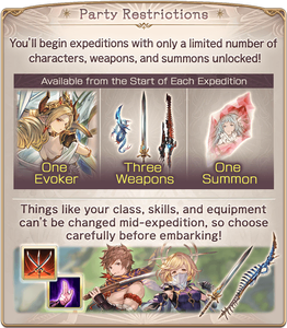 Party Restrictions: You'll begin expeditions with only a limited number of characters, weapons, and summons unlocked. Available from the Start of Each Expedition: One Evoker, Three Weapons, and One Summon. Things like your class, skills, and equipment can't be changed mid-expedition, so choose carefully before embarking!