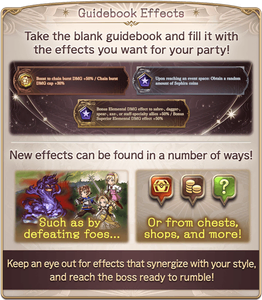 Guidebook Effects: Take the blank guidebook and fill it with the effects you want for your party! New effects can be found in a number of ways! Such as by defeating foes... or from chests, shops, and more! Keep an eye out for effects that synergize with your style, and reach the boss ready to rumble!