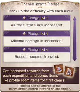Transmigrant Pledge: Crank up the difficulty with each level! Pledge Level 1: All foes' stats are increased. Pledge Level 3: Miasma damage is increased. Pledge Level 5: Bosses become frenzied. Get increased rewards from each expedition and bonus items like profile room items for first clears! Pledges can be altered in the party screen before starting an expedition.